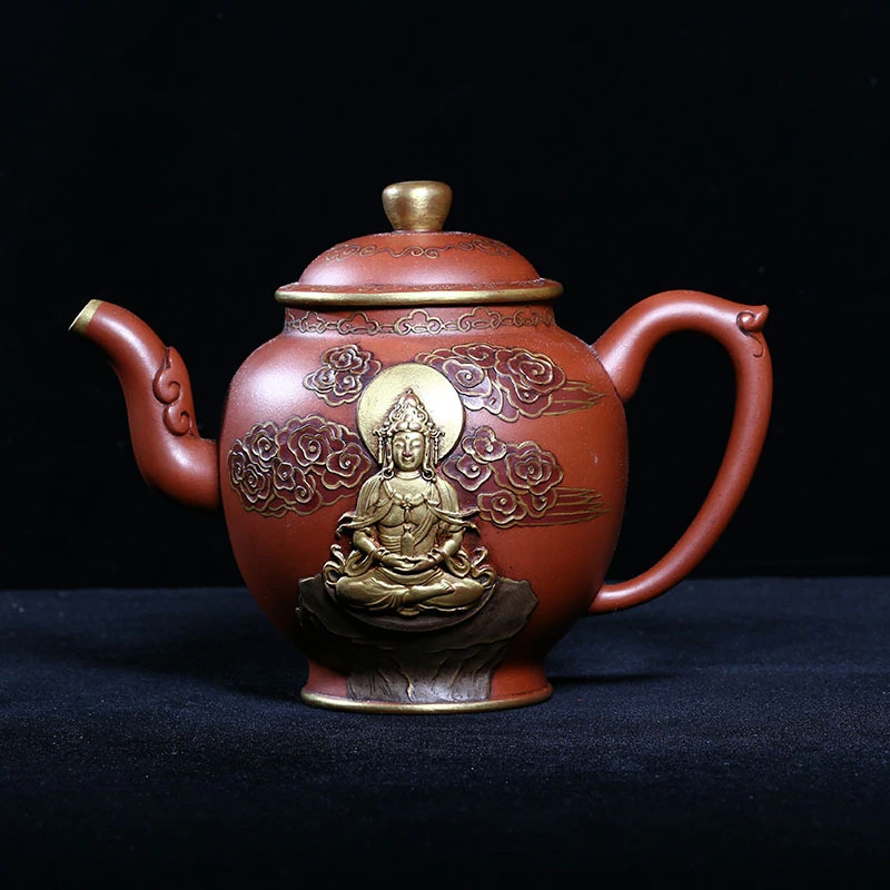 宜兴紫砂老壶清宫典藏宫廷御制独孔500c手工泥绘描金佛陀高宫灯壶