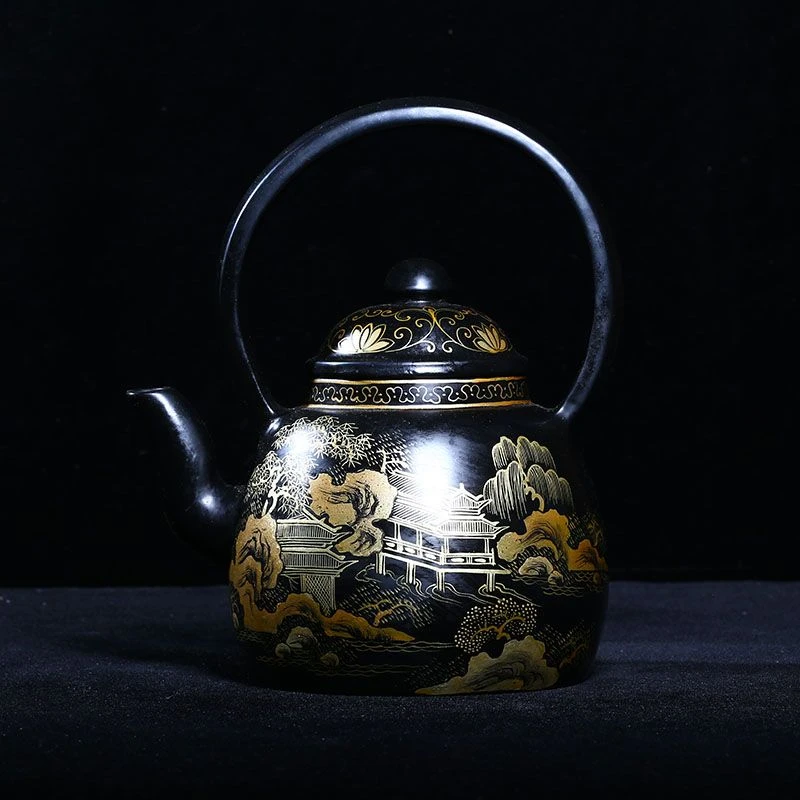 宜兴紫砂老壶大漆黑漆描金山水独孔1000c黑雕漆山水提梁