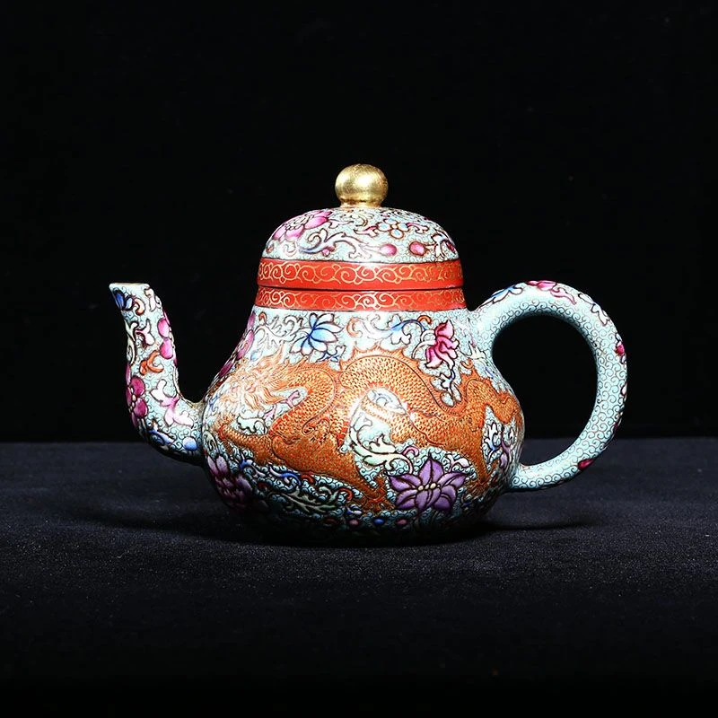 宜兴紫砂老壶独孔500c万花彩珐琅彩描金思亭壶