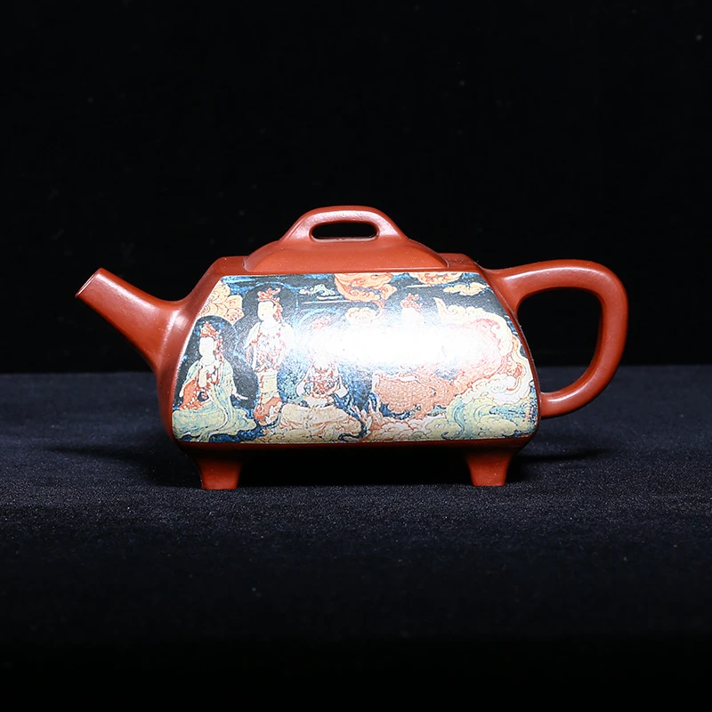 回流老壶一厂12孔400c老红泥唐卡人物四方壶