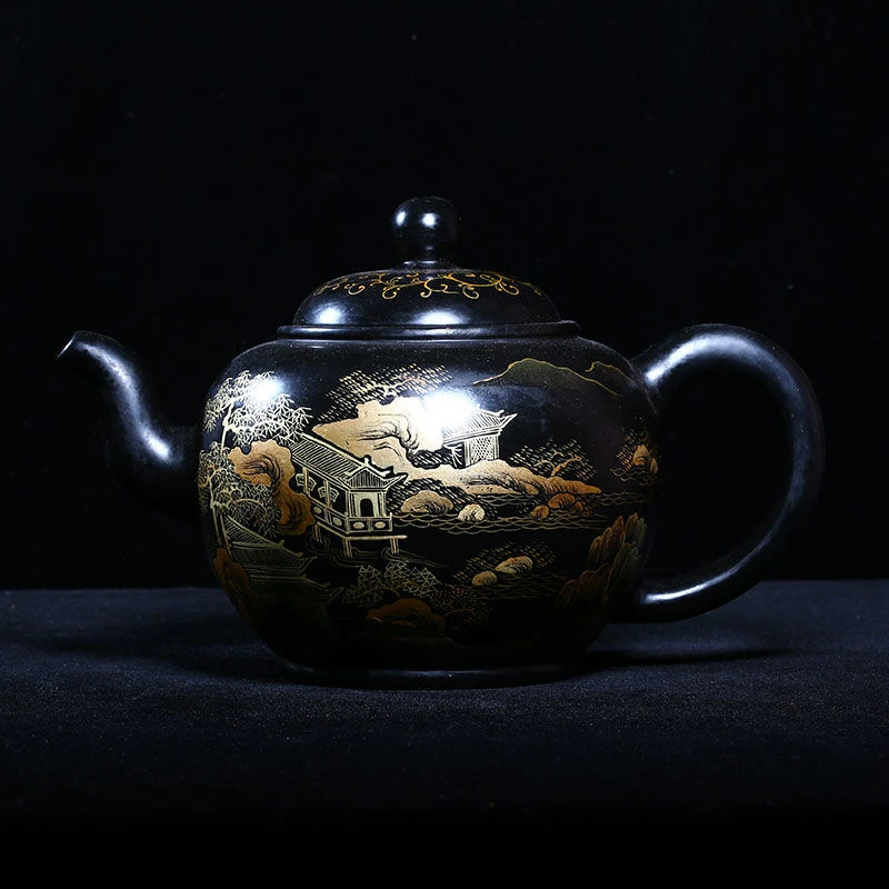 宜兴紫砂老壶大漆黑漆描金山水独孔1000c黑雕漆大福壶