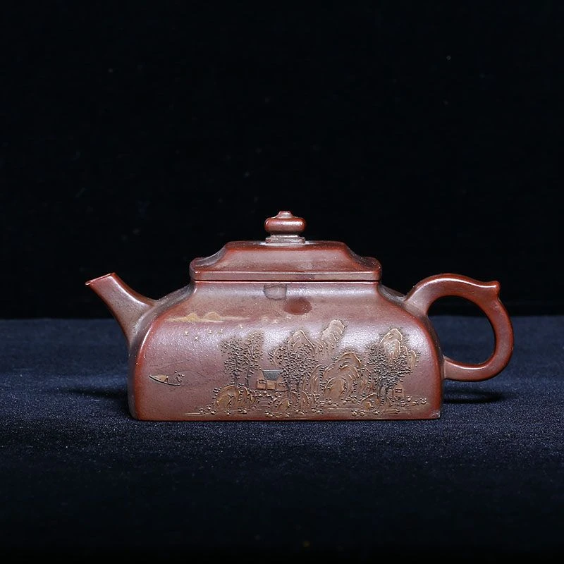 台湾回流老包浆紫砂壶杨季初底槽清独孔350c泥绘扁四方壶