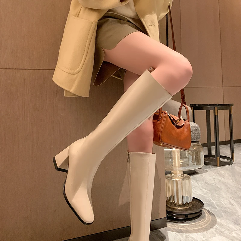 跟高7.5cm/不过膝长筒靴女方头粗跟高跟真皮爆款显瘦高筒靴骑士靴