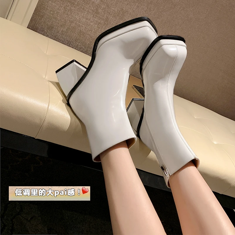 跟高8cm/34-39/百搭时尚粗跟高跟秋冬英伦风方头短筒靴子女