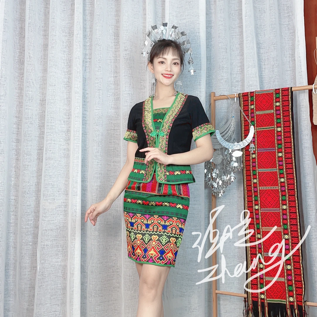 海南黎族服饰民族风绿水青山短袖上衣筒裙套装定制聚会演出服服装