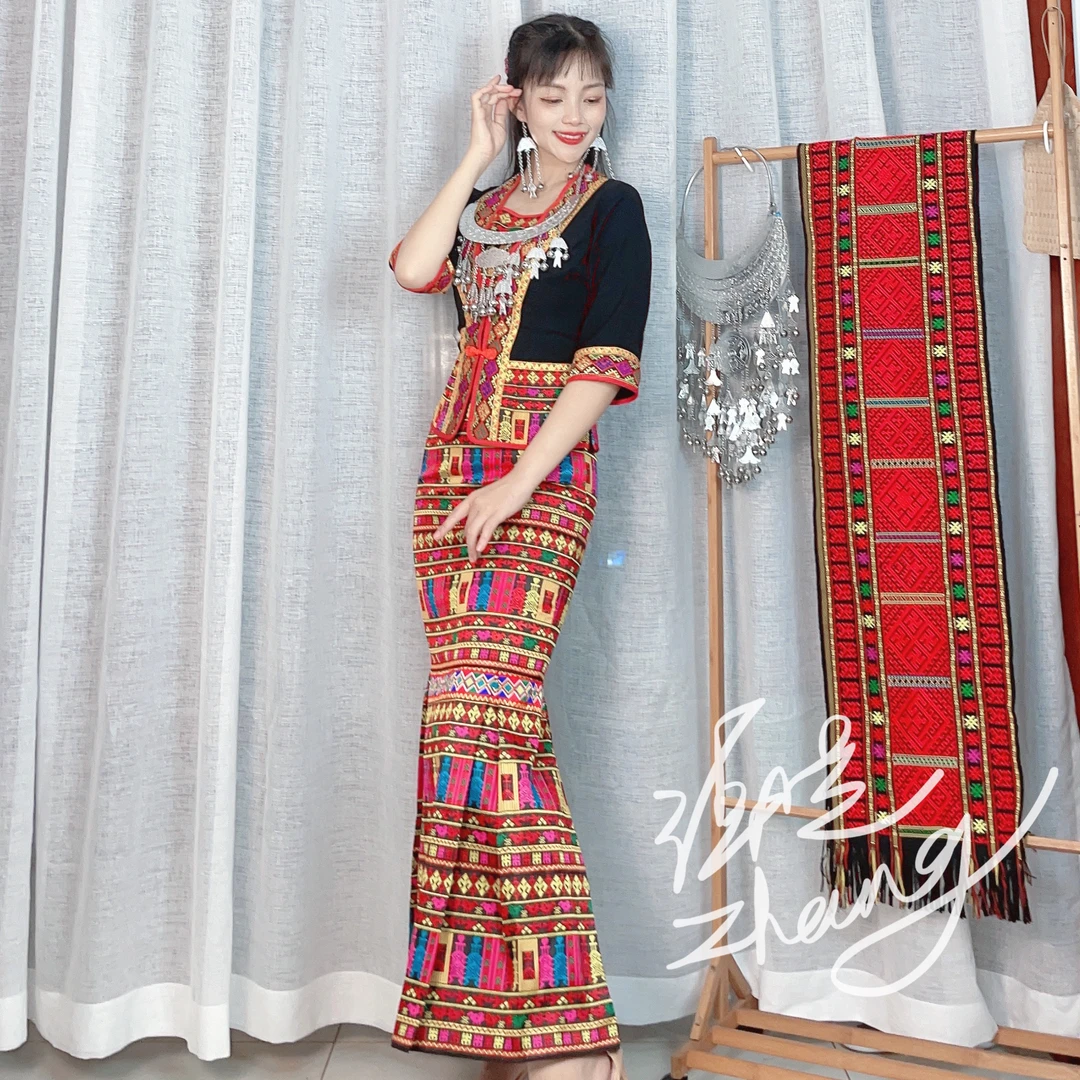 海南黎族服装姊妹纹黑色长包裙短袖鱼尾长裙两件套长款复古民族风