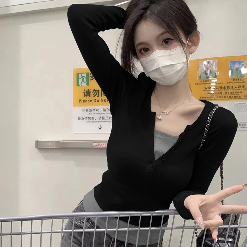 螺纹假两件长袖t恤女秋季新款韩版百搭修身显瘦设计感拼接上衣潮