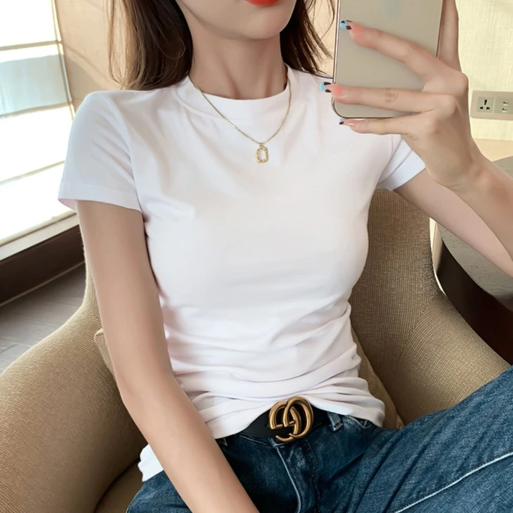白色T恤女士高档半高领短袖正肩显瘦百搭纯色上衣夏季洋气打底衫