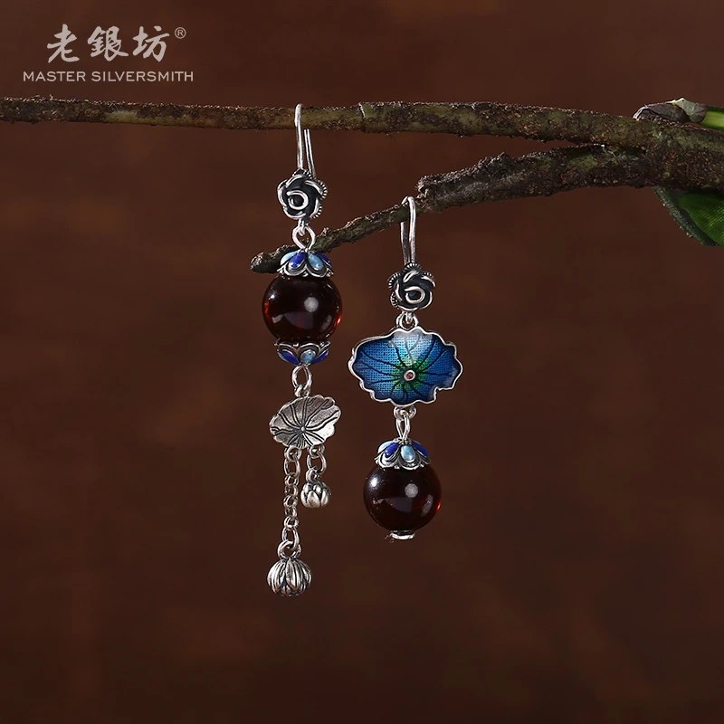 老银坊 s925银琥珀荷叶吊莲蓬耳坠（ab款）0014423