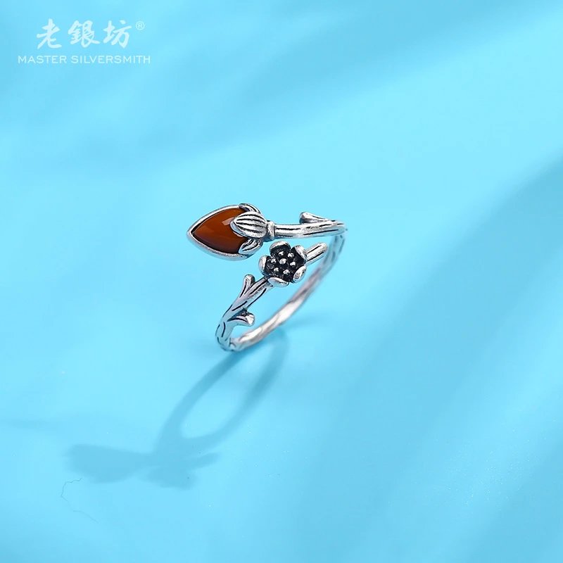 s925银玛瑙花蕾戒指女士饰品礼物送妈妈送朋友闺蜜0031658