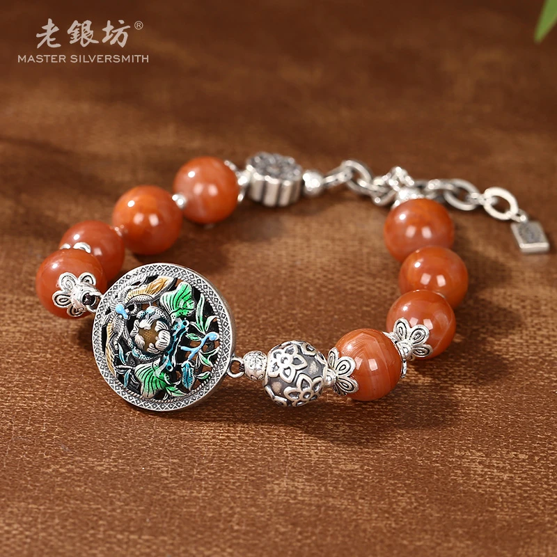 【老银坊】s925银南红花开富贵花窗手链 0033843