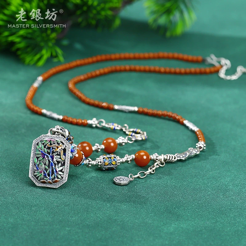老银坊 s925银南红镂空花窗竹子套链 0022688