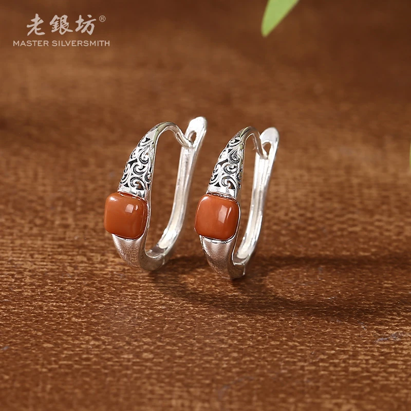 老银坊s925银简约方块玛瑙U型耳扣 0015234
