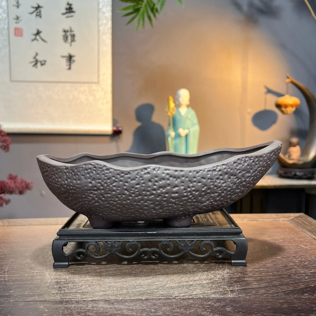 简约中国风紫砂马槽盆绿植造景盆栽室内盆景盆SL25*15*7cm