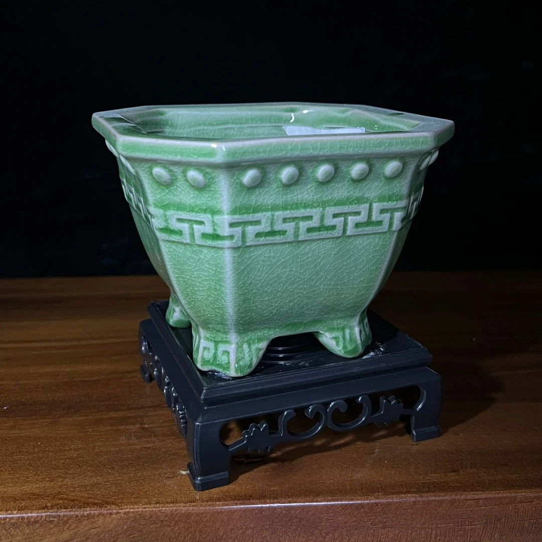 陶瓷创意斗笠方形花盆冰裂绿回纹钴钉绿植造景盆14*10cm