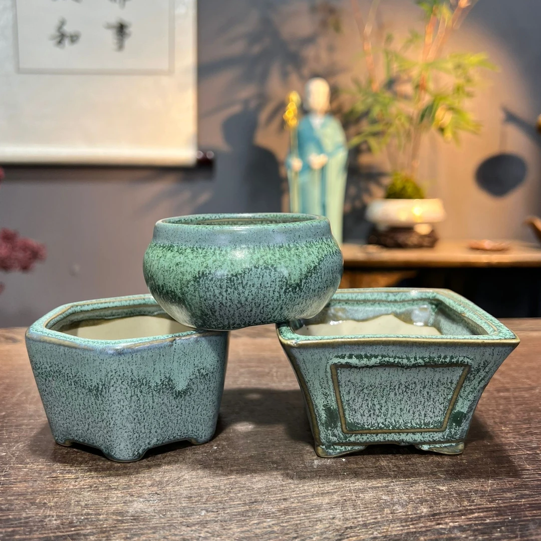 复古绿掌中宝花盆六方方形圆形绿植盆栽盆景造景盆三件套8*5CM