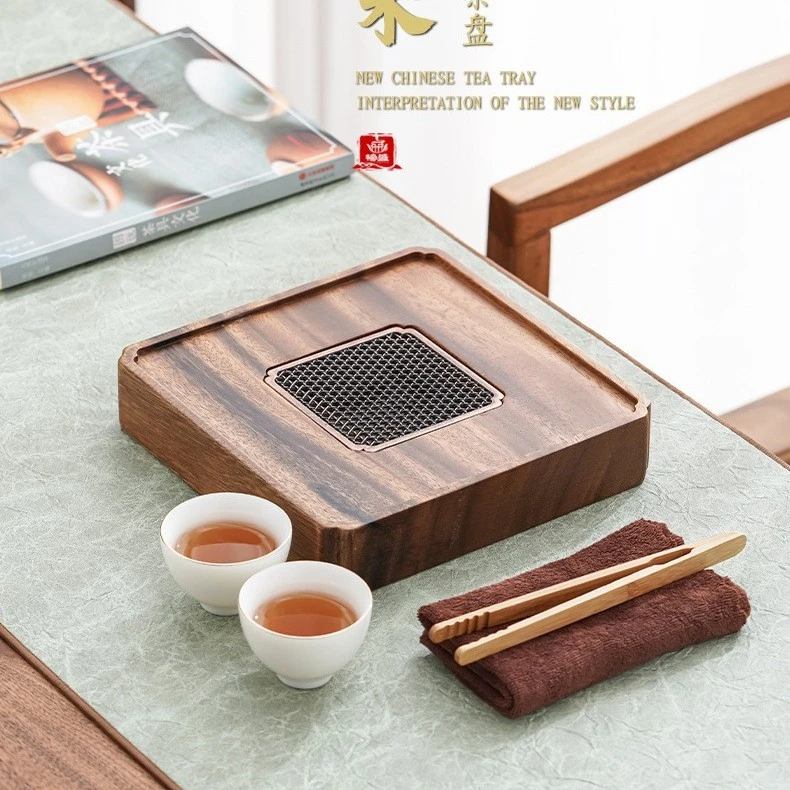 四方胡桃木双用排水简约茶台20*20*4cm中式创意家用沥水干泡盘