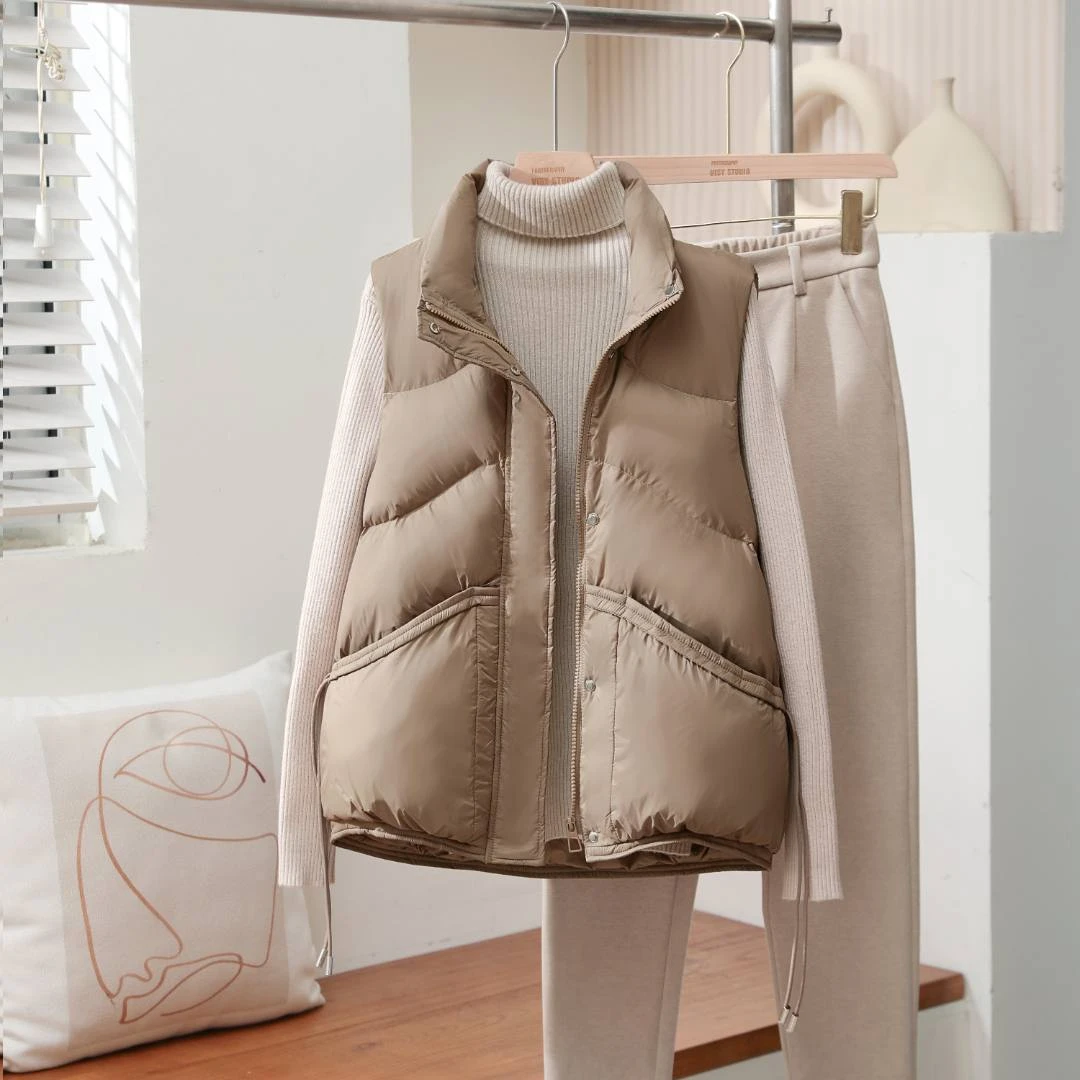 短款春秋冬时尚马甲白鸭绒韩版宽松立领女装蝴蝶结外穿马甲