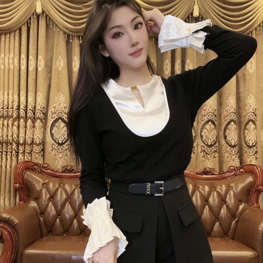 2024 春款圆领长袖拼接内搭上衣女假两件洋气显瘦修身打底衫