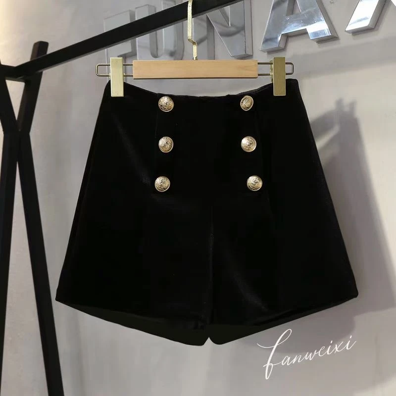 新款高腰短裤女秋季外穿休闲靴裤显瘦双排扣黑色丝绒a字阔腿裤潮