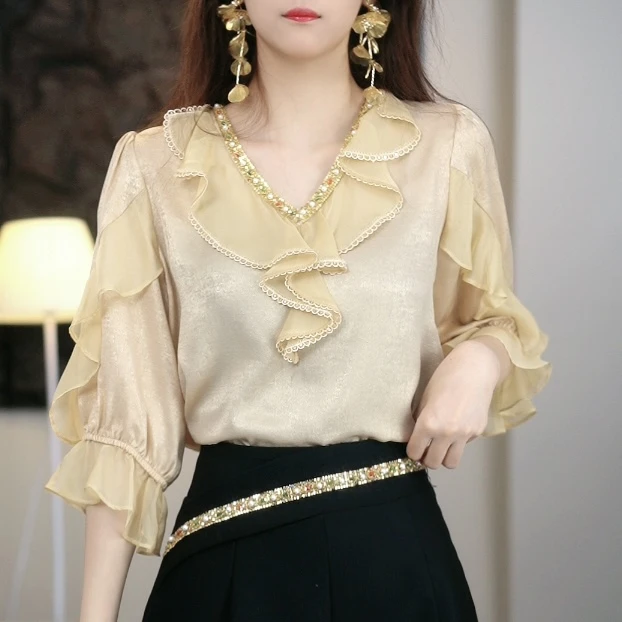 新款法式雪纺上衣木耳边衬衫女春季气质长袖宫廷风衬衣