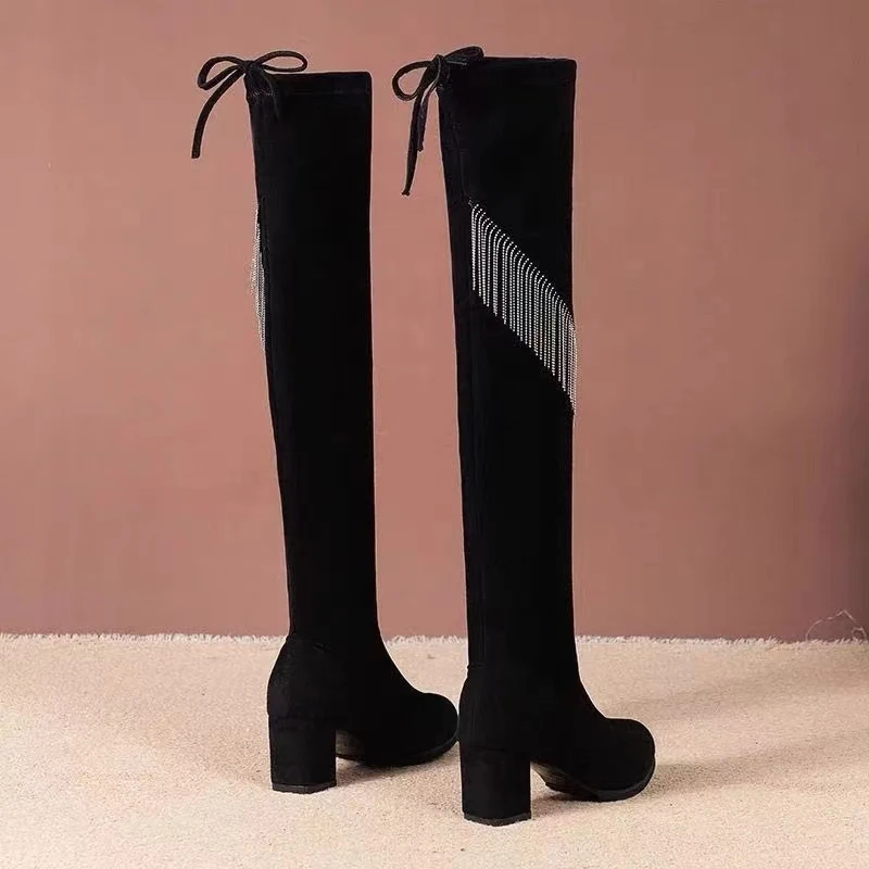 2024过膝靴女冬季粗跟水钻流苏小个子高跟加厚弹力瘦瘦靴