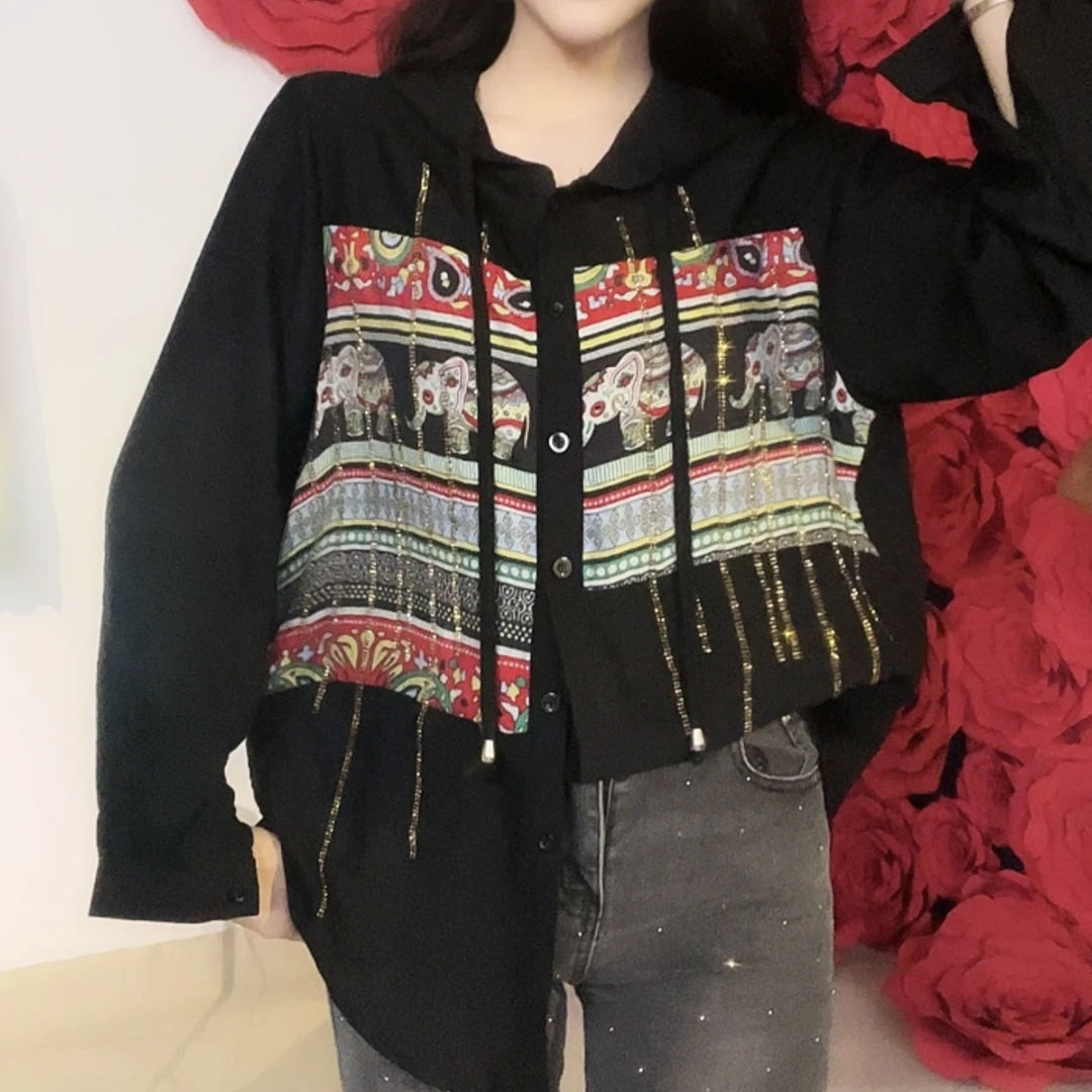 黑色民族风新款秋季度假风印花烫钻抽绳连帽衬衫 #8828-3