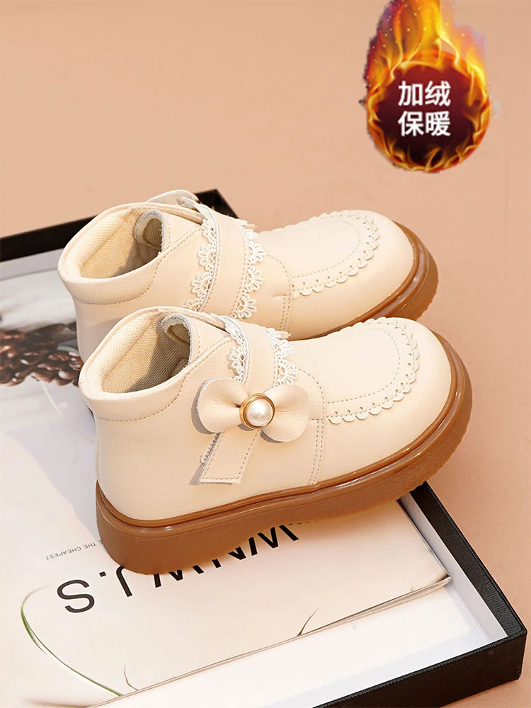 女童鞋儿童皮靴短靴子2024新款秋冬公主加绒软底二棉鞋冬季中大童