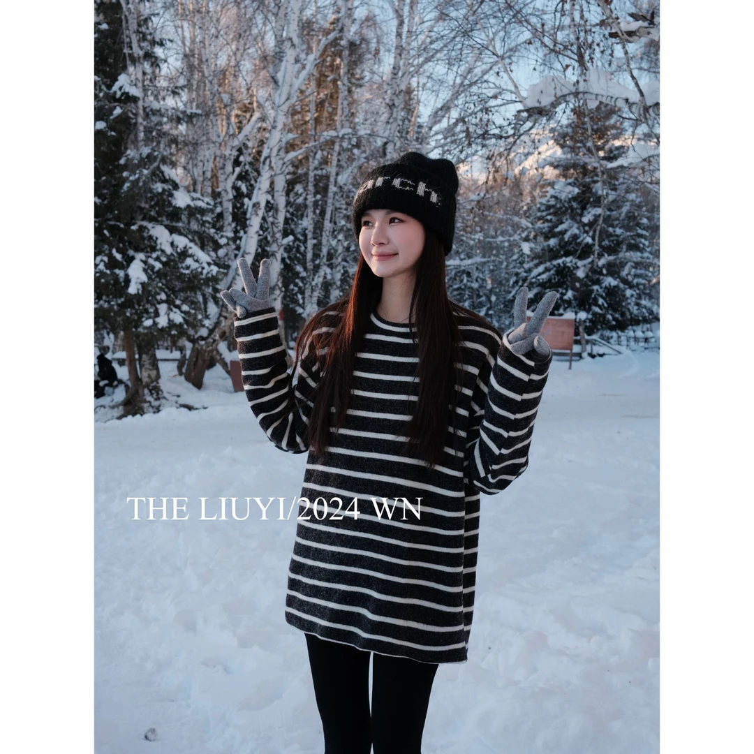 【LIUYI】条纹卫衣~冬季双面绒感加厚卫衣T-411182