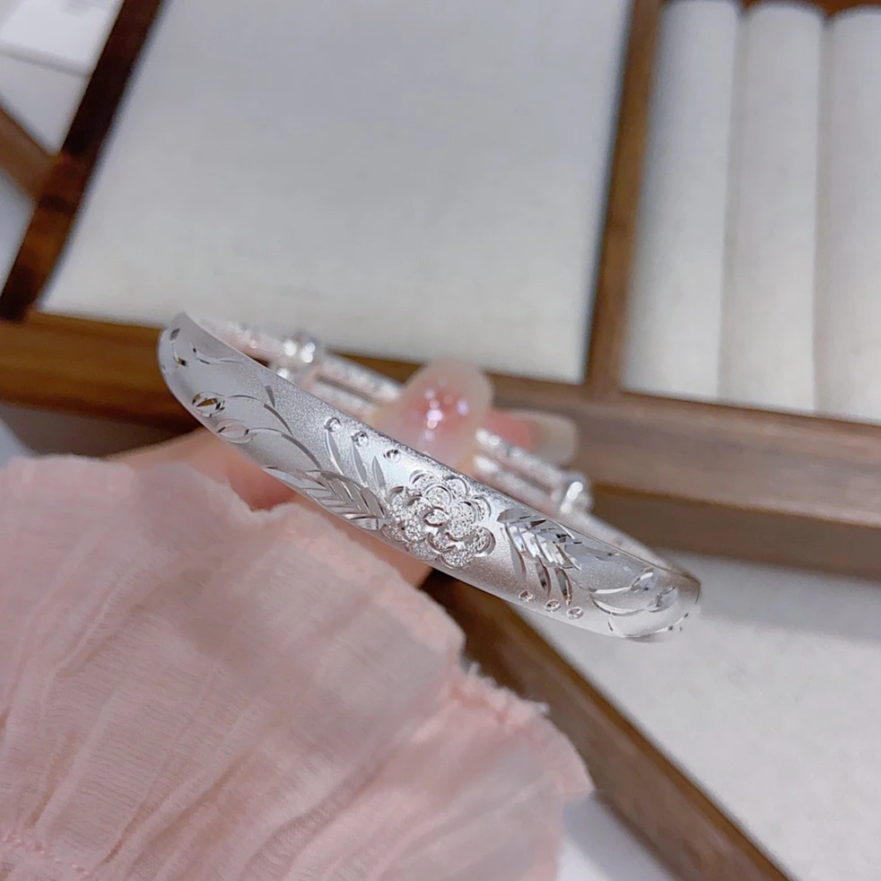 足银手镯 牡丹花古法磨砂龙凤镯大人款精美时尚百搭