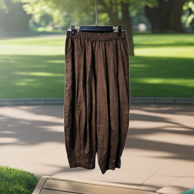 复古时尚洋气亚麻春夏宽松松紧腰棕色阔腿裤女装