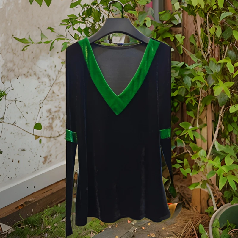 丝绒拼色V领套头休身时尚女装上衣