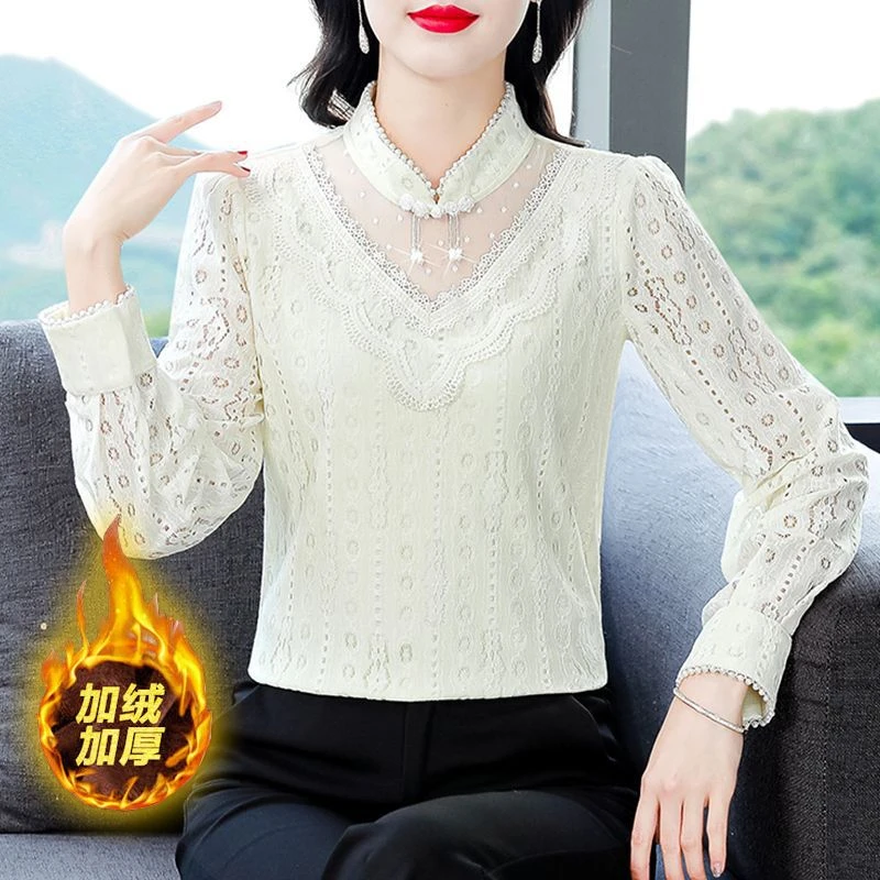 加绒加厚蕾丝打底衫女秋冬内搭长袖小衫2024新款时尚减龄百搭上衣
