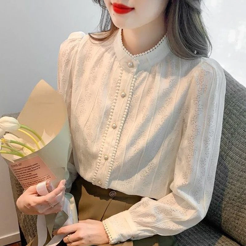 2024秋冬打底衫女新款法式复古立领长袖衬衫内搭蕾丝时尚减龄上衣