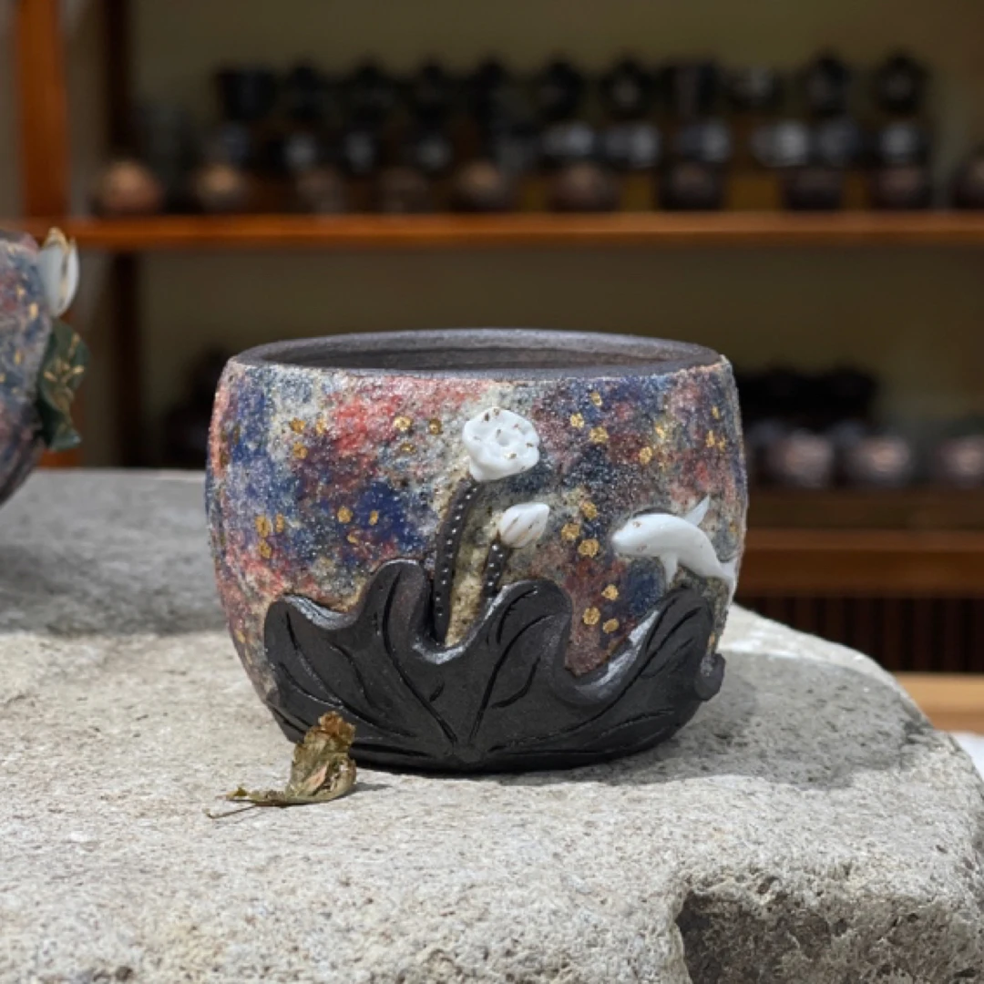 原矿茶器火山岩荷花鱼主人杯