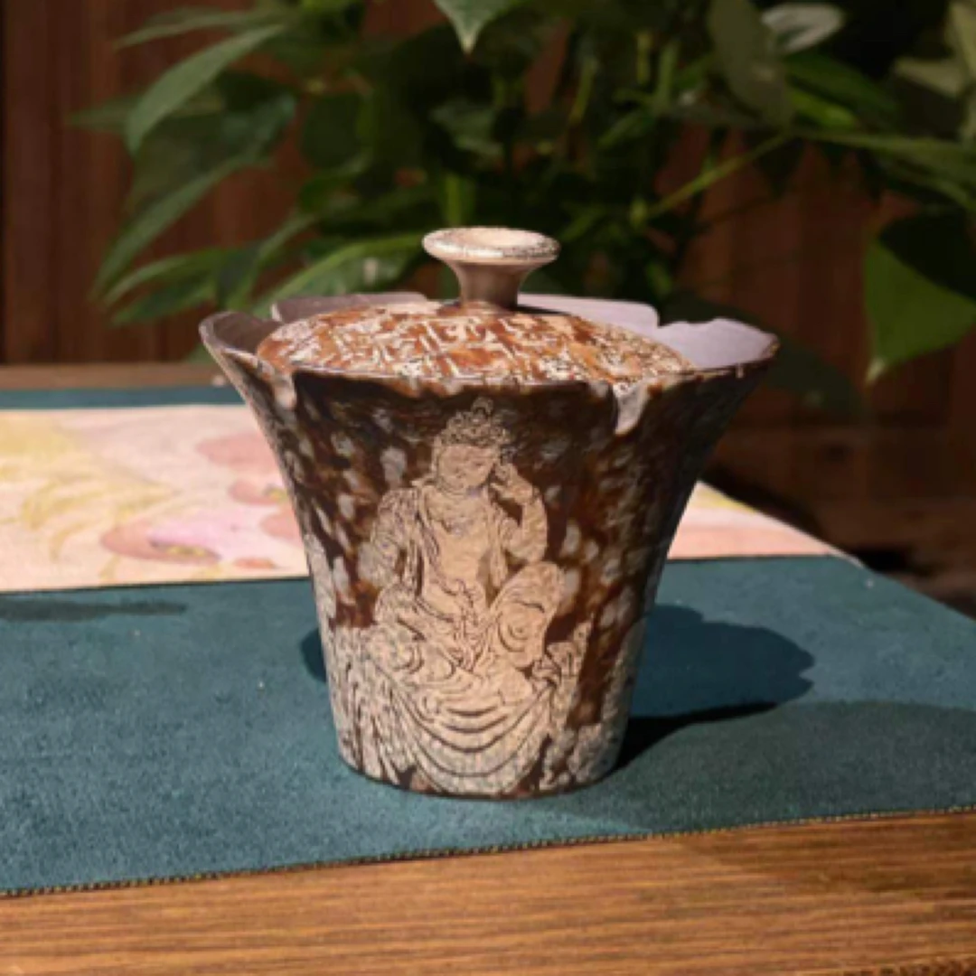 老岩泥原矿敦煌盖碗陶瓷复古手抓壶茶杯茶具套装送小杯墨龙盖碗