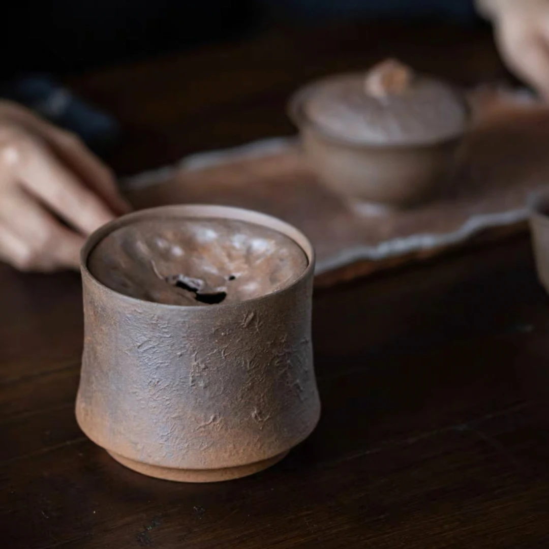 集正 粗陶火山岩建水 家用复古陶瓷干泡茶渣缸废水盂带盖茶洗笔洗