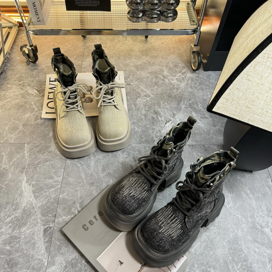 【C•柚】欧货厚底复古水洗牛仔马丁靴2024年新款透气女靴系带工装靴