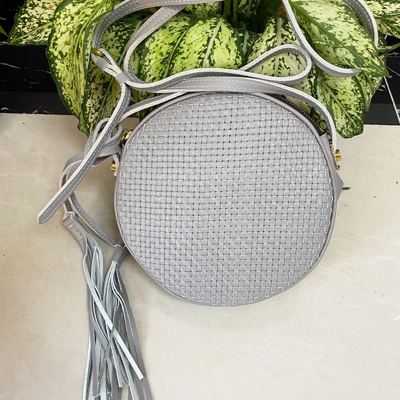 【柒柒家定制款】头层牛皮编织包 流苏包 时尚百搭圆形斜跨包手提包