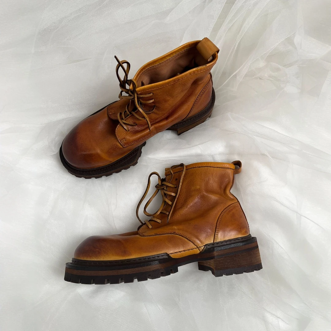 【柒柒定制款】冰川靴牛皮咖色马丁靴 英伦风圆头擦色中跟高帮短靴