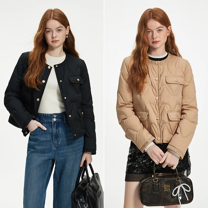 范思蓝恩时尚百搭休闲通勤轻薄圆领小香风短款羽绒服24FS14103