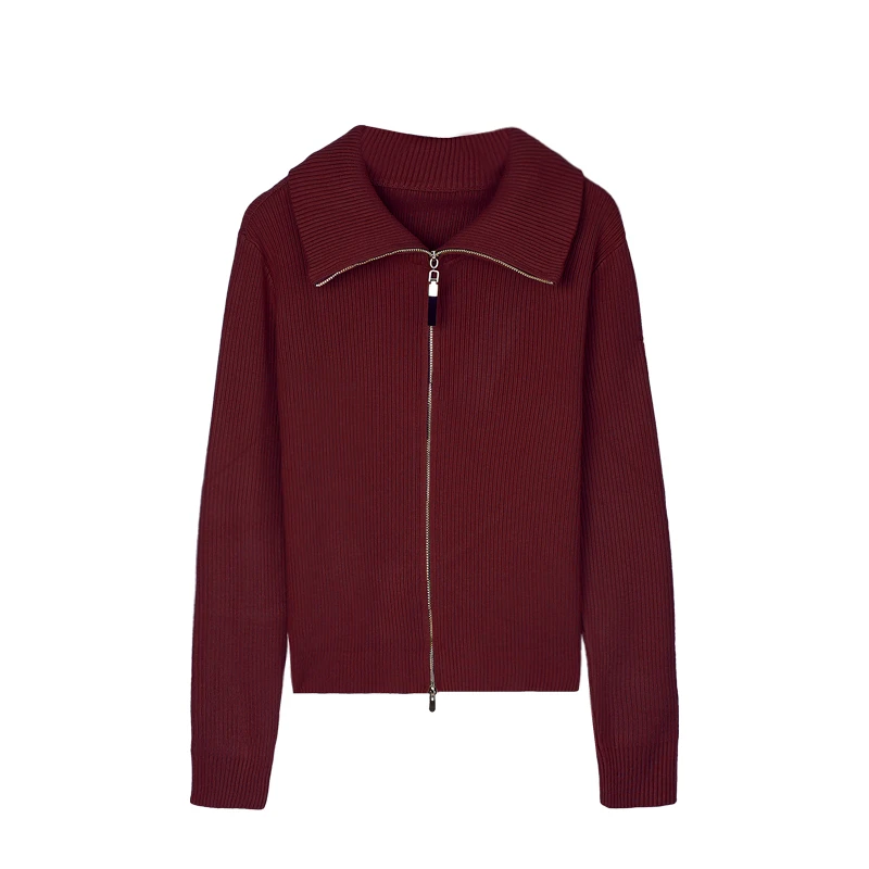 【小k老师精选】 70005-1：坑条翻领女宽松双拉链外搭长袖针织开衫ZS