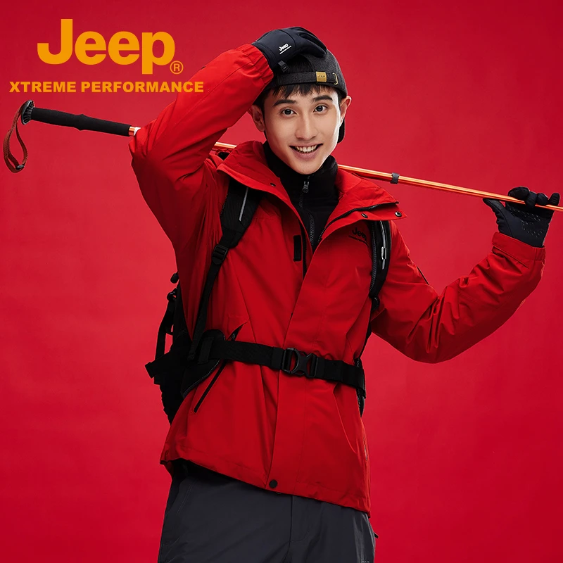 JEEP/吉普保暖冲锋衣冬男士龙年中国红户外加绒抓绒内胆防风锁温