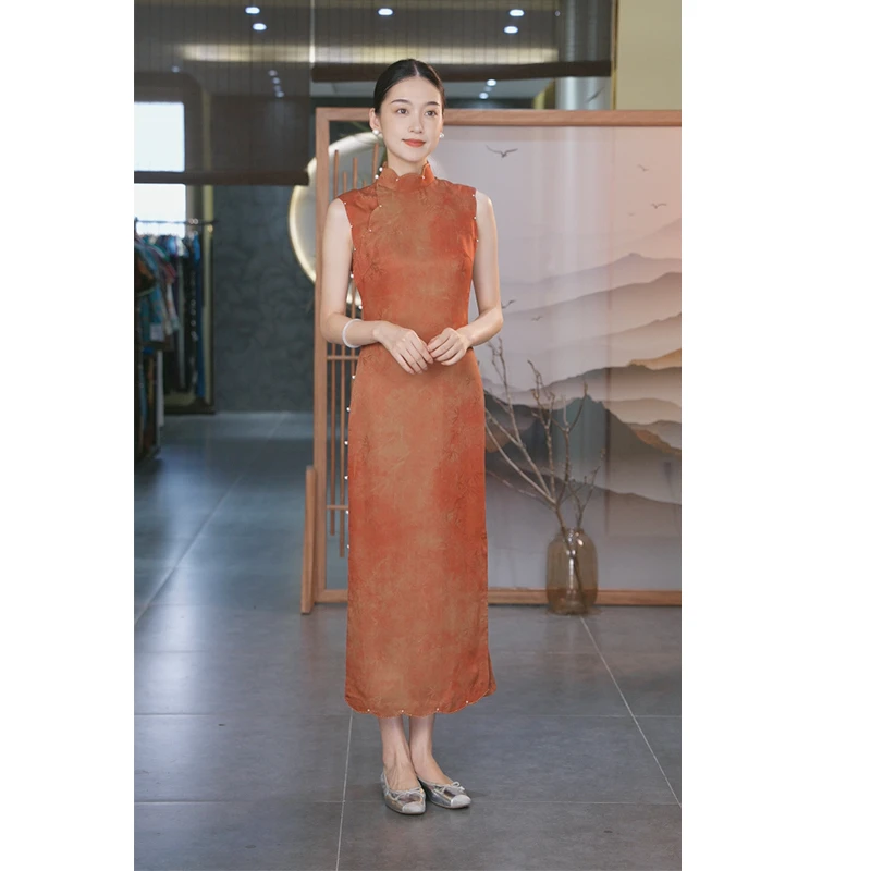 清版-【汀岚】良辰媄锦桑蚕丝红云纱全手工扦边旗袍衣长约130CM