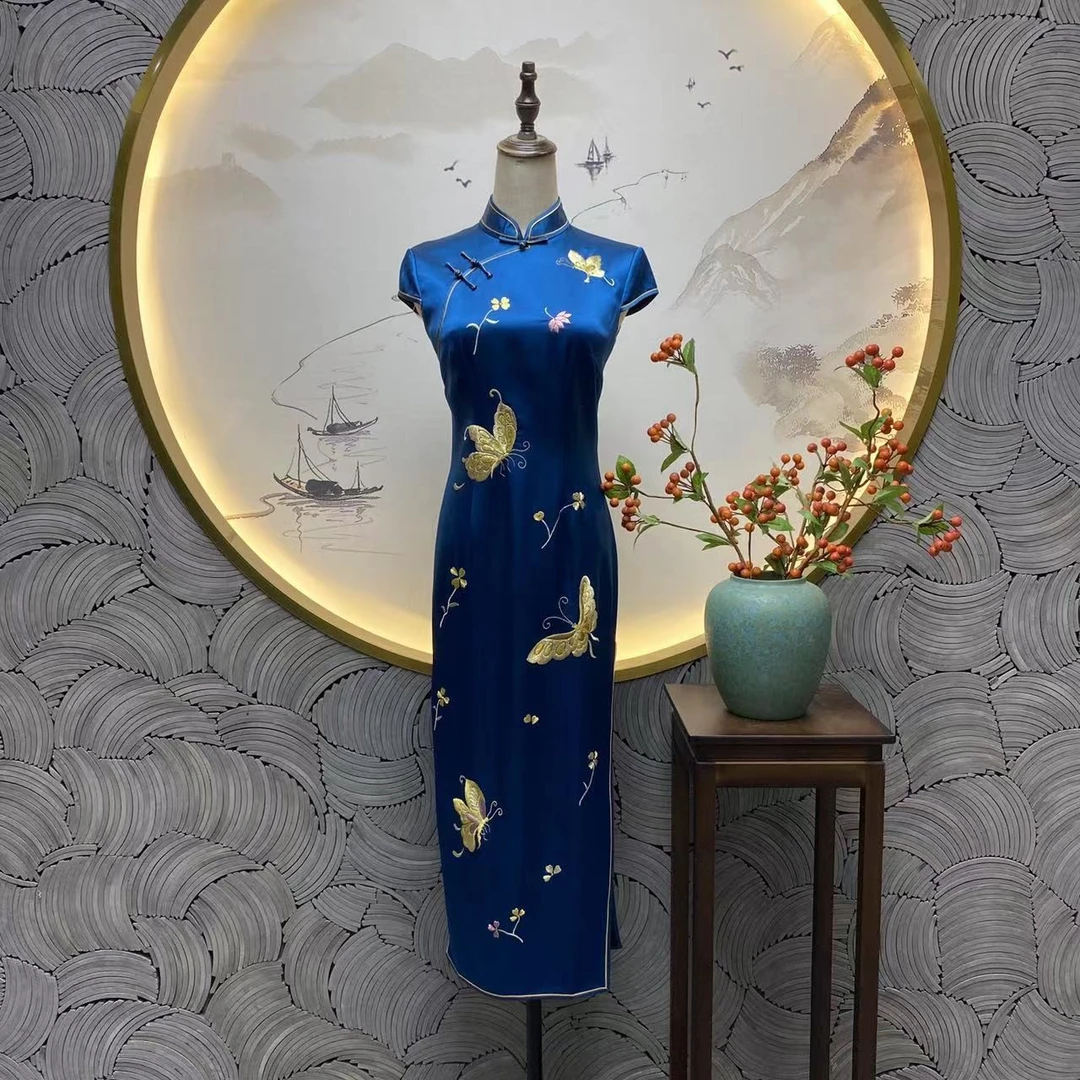 勾丝-【彩蝶翩翩】良辰媄锦醋酸旗袍衣长约125CM