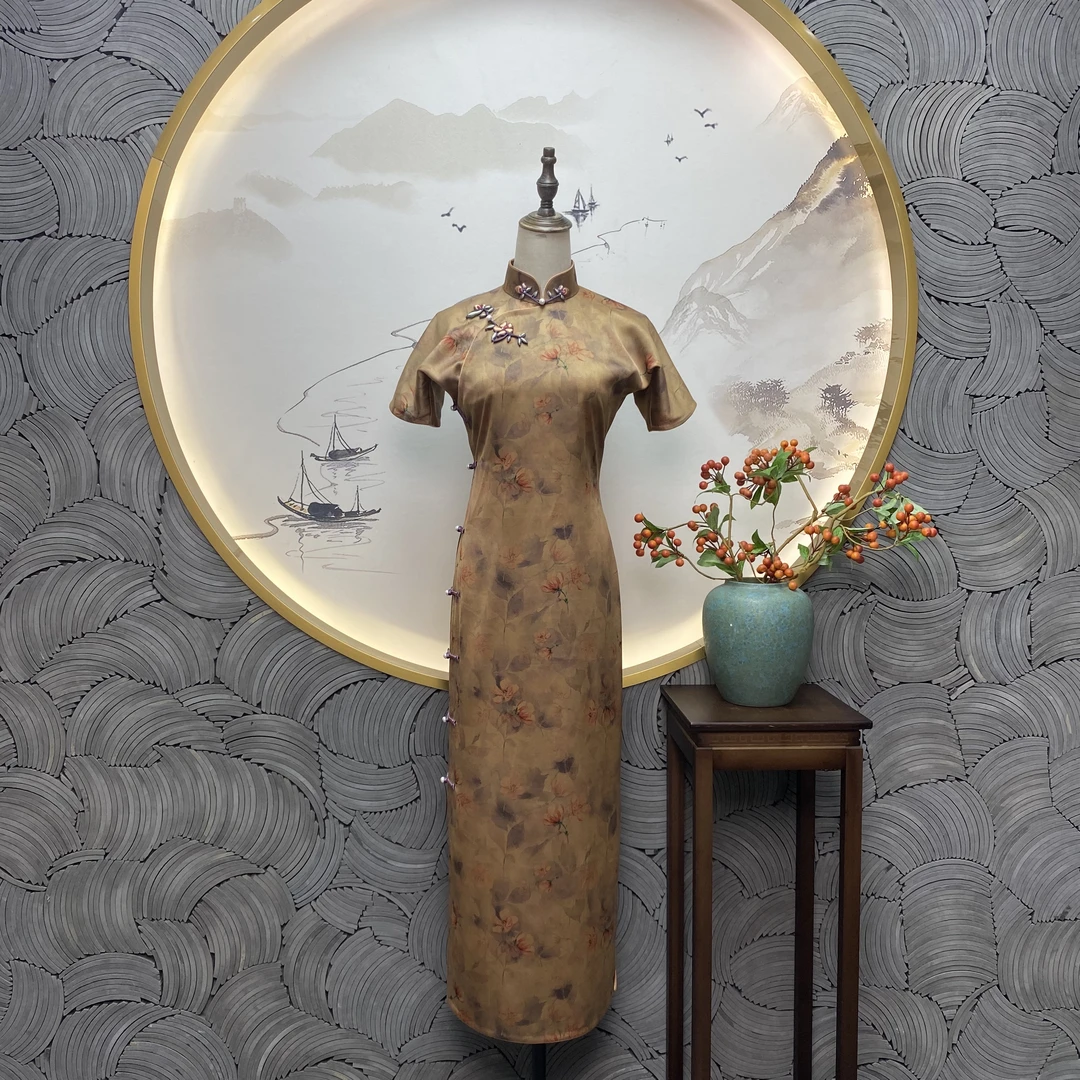 【云华】良辰媄锦桑蚕丝香云纱手工中长款旗袍衣长约130CM