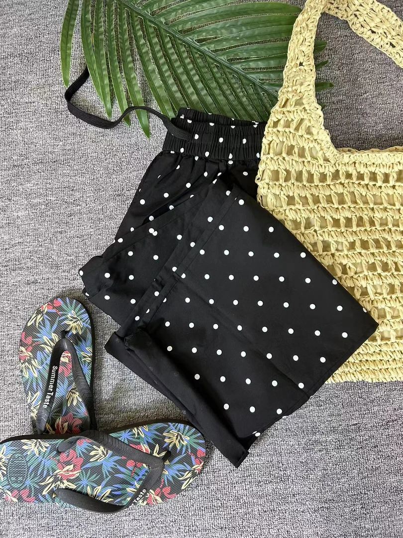 【欧雪娜】黑色波点欧货时尚休闲百搭夏季薄款显瘦高品质松紧腰裤子