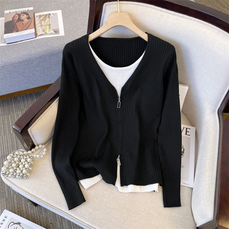 【80-180斤】2025春季秋新款显瘦针织上衣遮肚宽松假两件毛衣202