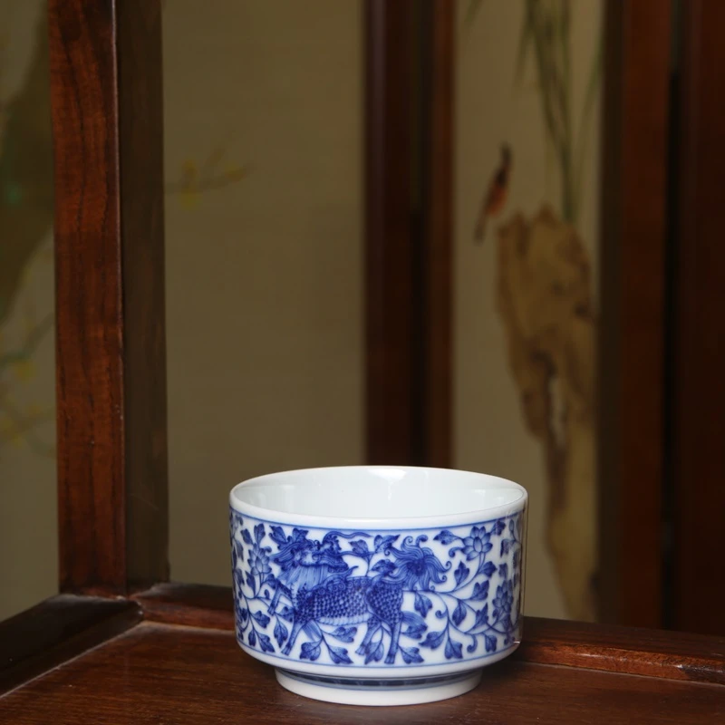 【小乔赏瓷】慎静斋柴窑纯手工手绘麒麟大直筒杯陶瓷中式sjz152.