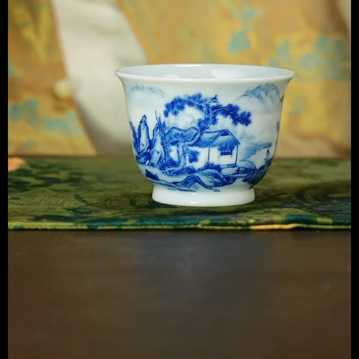 【小乔赏瓷】 景德镇手工手绘画画堂春山水撇口缸杯htc489.